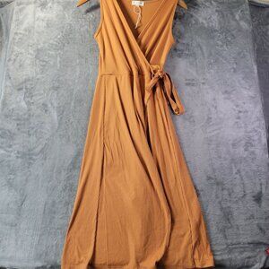See You Monday Womens L Ribbed Knit WrapDress Brown Sleeveless Tie Waist Casual